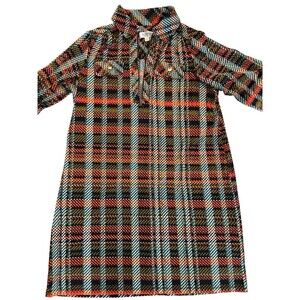 Soho Apparel 1X Multicolor Plaid Tunic Dress Zip Neck Roll Tab Sleeve Stretchy